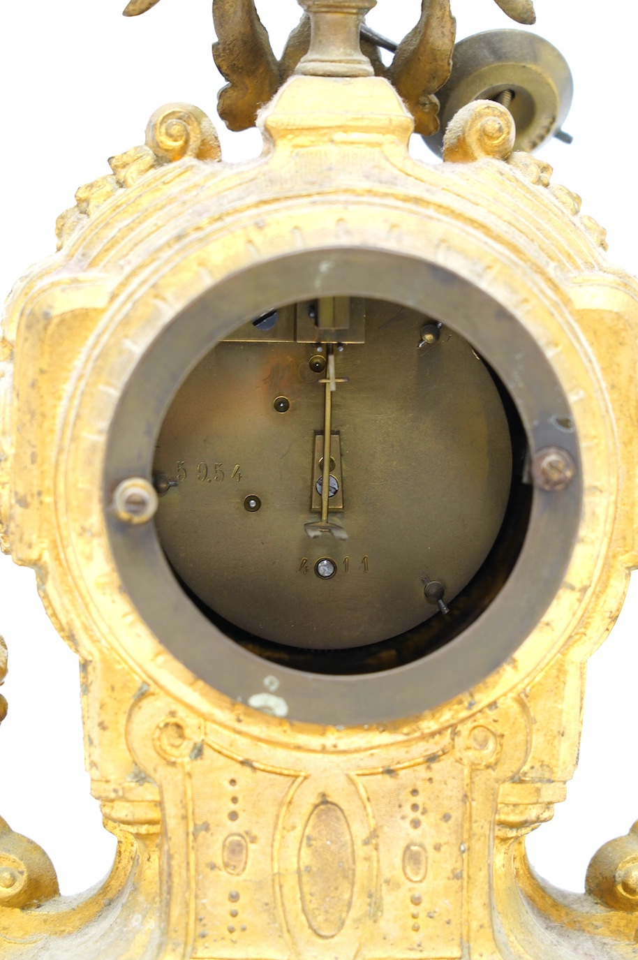 A 19th century gilt spelter mantel clock, with ceramic decorated dial and panel, 30cm high. Condition - not checked if in working condition, case fair